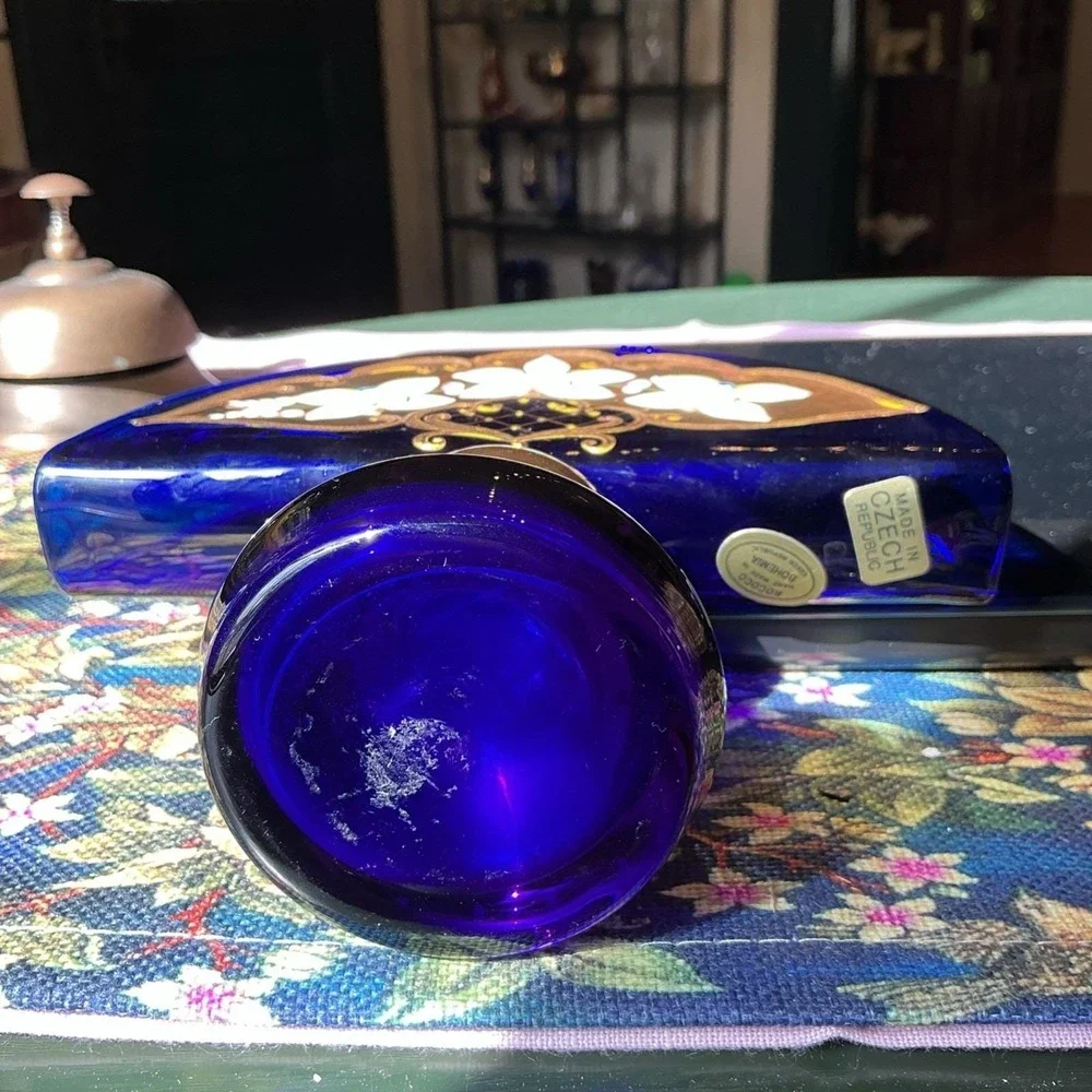 Czech Bohemian 24K Gold Enamel Cobalt Blue‎ Art Glass Napkin Holder Pedestal